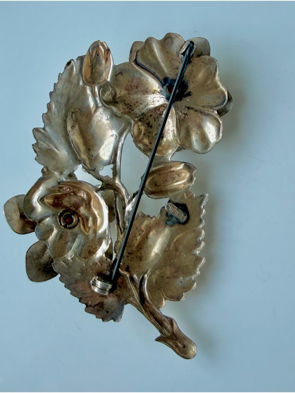 Vintage Gold Over Sterling Silver Large Red Cabochon Floral Bouquet Brooch Pin - Picture 7 of 16